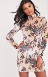 pretty little thing KIRAH CREAM HIGH NECK FLORAL VELVET BODYCON DRESS – mini dresses – going out fashion – evening out – party style clothing – christmas parties