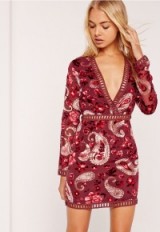 Missguided ladder trim embroidered flocked bodycon dress burgundy. Plunge front occasion dresses | paisley prints | party princess | deep V necklines | plunging neckline fashion | feminine evening style