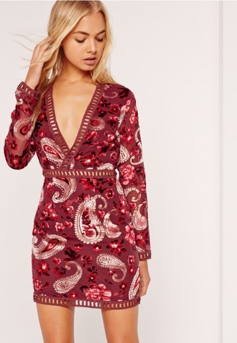 Missguided ladder trim embroidered flocked bodycon dress burgundy. Plunge front occasion dresses | paisley prints | party princess | deep V necklines | plunging neckline fashion | feminine evening style - flipped