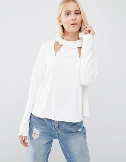 Lost Ink Frill Neck Top With Cut Outs ~ pretty cream tops ~ cool weekend style - flipped