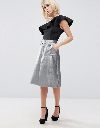 Lost Ink Metallic A-Line Skirt ~ silver statement skirts ~ stylish fashion ~ style - flipped