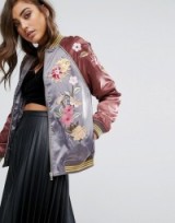 Miss Selfridge Satin Embroidered Bomber Jacket ~ burgundy & grey jackets ~ casual weekend fashion ~ cool style ~ floral embroidery