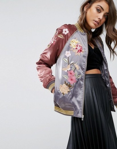 Miss Selfridge Satin Embroidered Bomber Jacket ~ burgundy & grey jackets ~ casual weekend fashion ~ cool style ~ floral embroidery - flipped