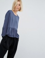 Moss Copenhagen Silky Long Sleeve Top With Ruffle Hem ~ blue round neck tops ~ relaxed fashion ~ cool weekend style