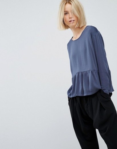 Moss Copenhagen Silky Long Sleeve Top With Ruffle Hem ~ blue round neck tops ~ relaxed fashion ~ cool weekend style - flipped