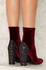 Nasty Gal Sparkle the Fire Velvet Bootie ~ red velvet ankle boots ~ party footwear ~ evening shoes ~ cute high heeled glitter booties