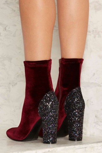 Nasty Gal Sparkle the Fire Velvet Bootie ~ red velvet ankle boots ~ party footwear ~ evening shoes ~ cute high heeled glitter booties - flipped