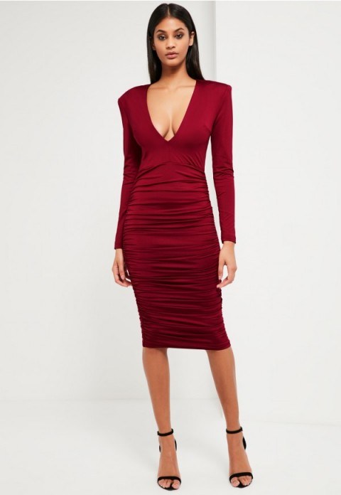 Missguided peace + love burgundy ruched plunge neck midi dress. Dark red going out dresses | fitted evening fashion | plunge front | plunging neckline | glamour - flipped