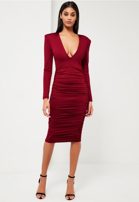 Missguided peace + love burgundy ruched plunge neck midi dress. Dark red going out dresses | fitted evening fashion | plunge front | plunging neckline | glamour