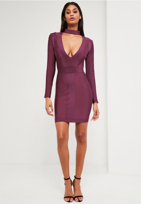 Missguided peace + love purple premium bandage choker neck dress. Evening bodycon dresses | fitted party fashion | deep V neckline | plunging necklines | plunge front | going out glamour - flipped