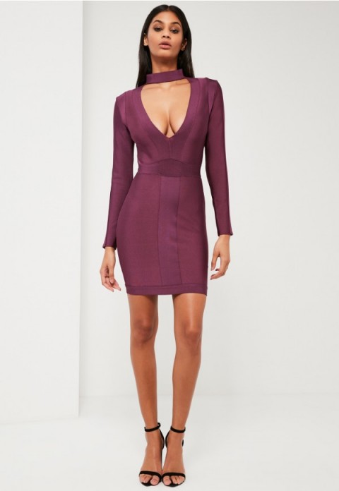Missguided peace + love purple premium bandage choker neck dress. Evening bodycon dresses | fitted party fashion | deep V neckline | plunging necklines | plunge front | going out glamour