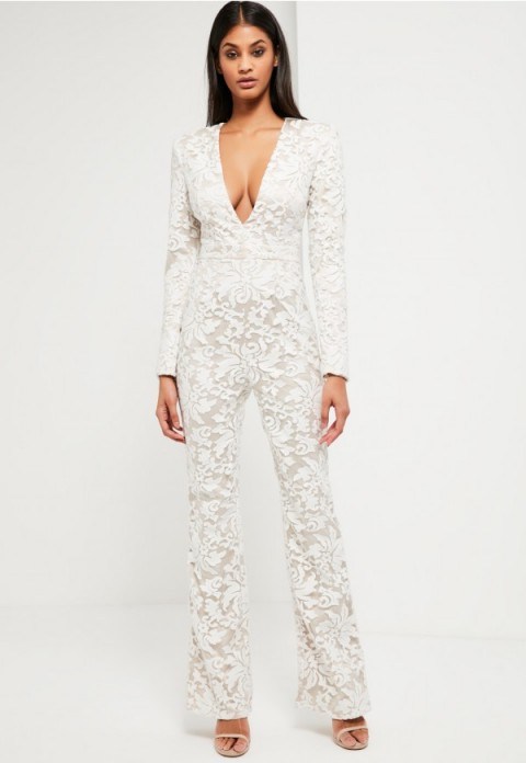 Missguided peace + love white lace plunge jumpsuit. Plunging jumpsuits | deep V front neckline | going out glamour | glamorous fashion - flipped