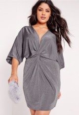 missguided plus size slinky kimono mini dress grey. Wide sleeved dresses | oriental inspired fashion | going out | front twist detail
