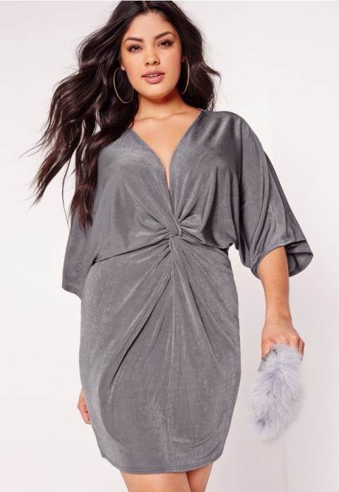 missguided plus size slinky kimono mini dress grey. Wide sleeved dresses | oriental inspired fashion | going out | front twist detail - flipped