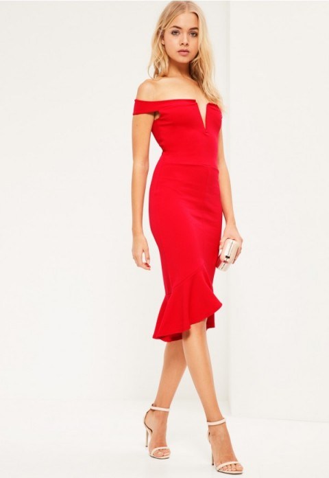 Missguided red v bar bardot frill bottom dress. Off the shoulder dresses | going out glamour | glamorous evening dresses | French style | chic | plunge front - flipped