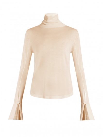 CHLOÉ Roll-neck wool, silk and cashmere-blend sweater in peach-pink. Luxe knitwear | luxury sweaters | high neck | fine knits | winter fashion | chic style jumpers | polo neck