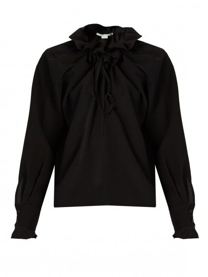 STELLA MCCARTNEY Ruffled silk-crepe blouse. Black ruffle neck blouses | designer tops | luxe fashion - flipped