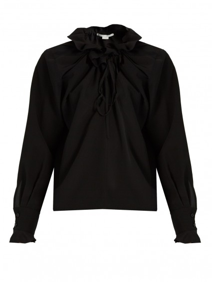 STELLA MCCARTNEY Ruffled silk-crepe blouse. Black ruffle neck blouses | designer tops | luxe fashion