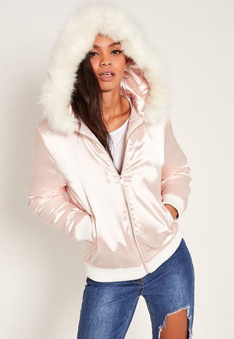 missguided satin faux fur hood padded bomber jacket nude. Casual jackets | on-trend winter outerwear | trending fashion - flipped