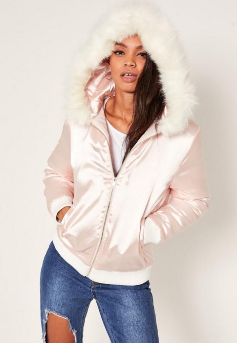 missguided satin faux fur hood padded bomber jacket nude. Casual jackets | on-trend winter outerwear | trending fashion