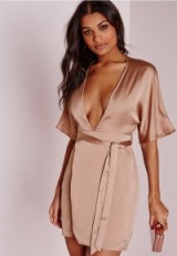 missguided silky kimono wrap dress dusky pink. Oriental style | plunge front dresses | slinky fabric | evening glamour