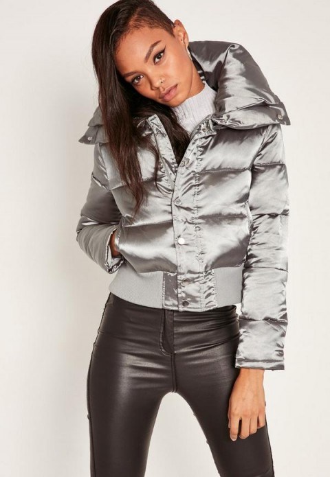 missguided silver satin short padded jacket. Metallic puffa jackets | on-trend coats | winter fashion - flipped