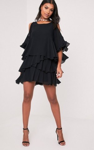 pretty little thing TESSA BLACK COLD SHOULDER RUFFLE SWING DRESS – ruffled party dresses – evening fashion – layered – christmas parties – going out glamour - flipped