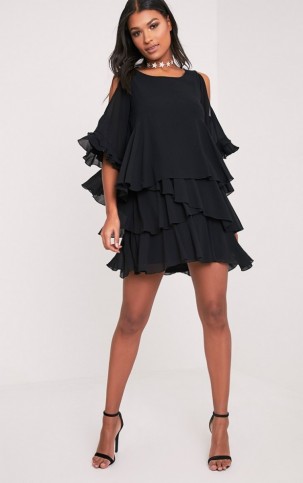 pretty little thing TESSA BLACK COLD SHOULDER RUFFLE SWING DRESS – ruffled party dresses – evening fashion – layered – christmas parties – going out glamour