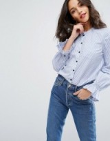 Vero Moda Frill Sleeve Button Down Shirt. Blue stripe shirts | frilled sleeves | ruffle sleeved blouses | feminine | casual fashion | collarless