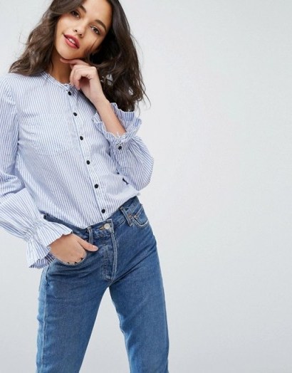 Vero Moda Frill Sleeve Button Down Shirt. Blue stripe shirts | frilled sleeves | ruffle sleeved blouses | feminine | casual fashion | collarless - flipped