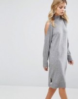 Whistles Split Shoulder Knit Dress grey – winter dresses – knitwear – stylish fashion – fine knits -chic – cold shoulder style