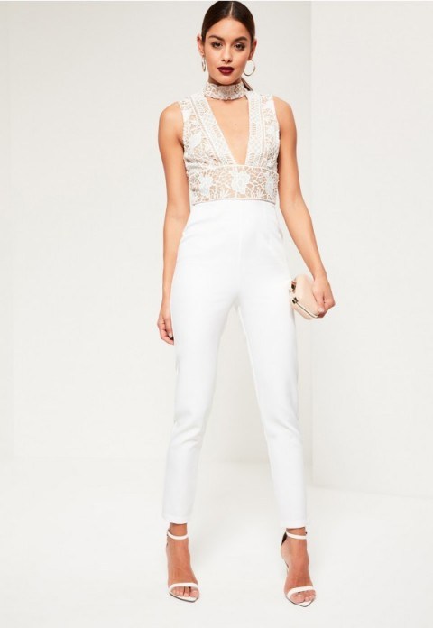 missguided white lace top choker sleeveless jumpsuit. Plunge front jumpsuits | going out fashion | evening and partywear | glamour | glamorous style | plunging neckline | deep V necklines - flipped