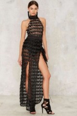 Zhivago Mere Mortal Slit Dress ~ sheer black occasion dresses ~ long party fashion ~ evening statement ~ front slit ~ halter ~ glam
