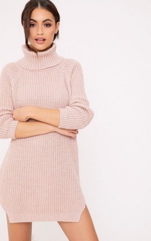 AEEDA BLUSH CHUNKY ROLL NECK KNITTED TUNIC DRESS. Turtle neck sweater dresses | affordable knitted fashion | winter style | pale pink knitwear | high neck jumper dress - flipped
