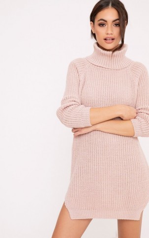 AEEDA BLUSH CHUNKY ROLL NECK KNITTED TUNIC DRESS. Turtle neck sweater dresses | affordable knitted fashion | winter style | pale pink knitwear | high neck jumper dress