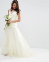 ASOS BRIDAL Princess Lace Bodice Mesh Skirt Maxi Dress – long white wedding dresses – high neckline – semi sheer