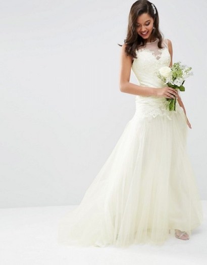 ASOS BRIDAL Princess Lace Bodice Mesh Skirt Maxi Dress – long white wedding dresses – high neckline – semi sheer - flipped