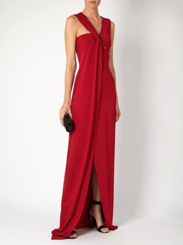 Mugler red asymmetric-neckline sleeveless gown – red carpet style gowns – special event fashion – long occasion dresses - flipped