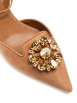 DOLCE & GABBANA Belluci point-toe suede flats. Tan-brown flat shoes | designer footwear | Swarovski-crystal embellished | pointed toes | ankle straps | strappy | luxe style accessories