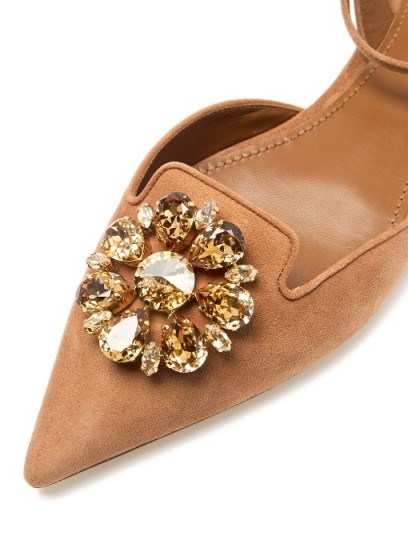 DOLCE & GABBANA Belluci point-toe suede flats. Tan-brown flat shoes | designer footwear | Swarovski-crystal embellished | pointed toes | ankle straps | strappy | luxe style accessories - flipped