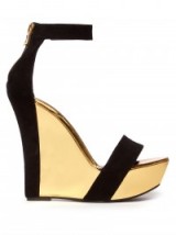 BALMAIN Bi-colour leather and suede wedge sandals. Black and gold wedges | designer high heels | luxe style shoes | luxury evening footwear | wedged heel | glam | occasion glamour