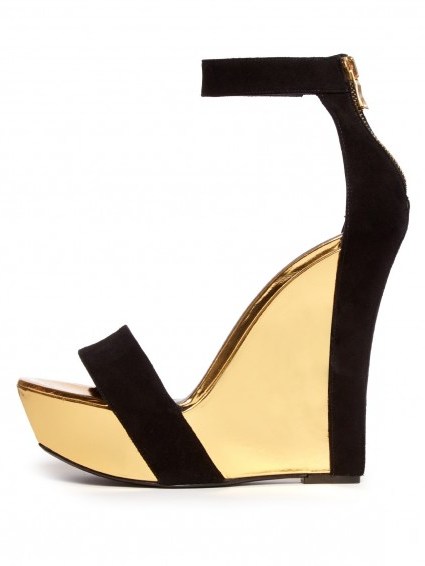 BALMAIN Bi-colour leather and suede wedge sandals. Black and gold wedges | designer high heels | luxe style shoes | luxury evening footwear | wedged heel | glam | occasion glamour - flipped