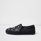 river island black textured diamante plimsolls. Embellished flats | casual flat shoes | pretty jewelled sneakers