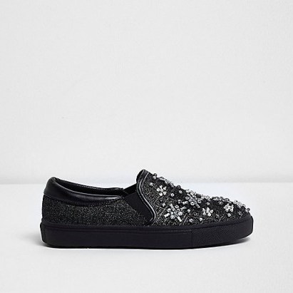 river island black textured diamante plimsolls. Embellished flats | casual flat shoes | pretty jewelled sneakers - flipped