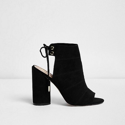 River Island Black tie back shoeboot – shoe boots – chunky heeled shoes – peep toe – high heels – round circle heel – faux suede - flipped