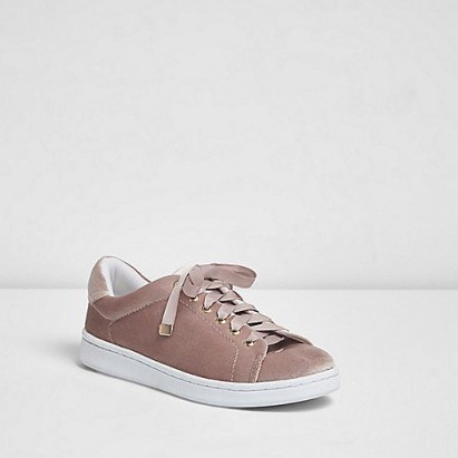 river island blush pink velvet lace up trainers. Luxury style trainers | sports luxe shoes | girly sneakers | casual style flats | weekend flat footwear - flipped