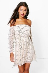 BOOHOO BOUTIQUE FRAN SEQUIN OFF THE SHOULDER SKATER DRESS in stone ~ bardot style dresses ~ party fashion ~ going out ~ embellished ~ glittering sequins