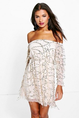 BOOHOO BOUTIQUE FRAN SEQUIN OFF THE SHOULDER SKATER DRESS in stone ~ bardot style dresses ~ party fashion ~ going out ~ embellished ~ glittering sequins - flipped