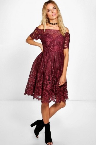 BOOHOO BOUTIQUE ZOE LACE BARDOT PROM DRESS in wine ~ dark red ~ off the shoulder dresses ~ party fashion ~ going out - flipped