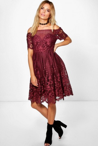 BOOHOO BOUTIQUE ZOE LACE BARDOT PROM DRESS in wine ~ dark red ~ off the shoulder dresses ~ party fashion ~ going out